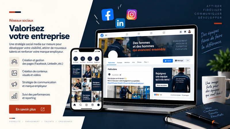 Page Facebook d’entreprise et publications Instagram, sur ordinateur et sur téléphone